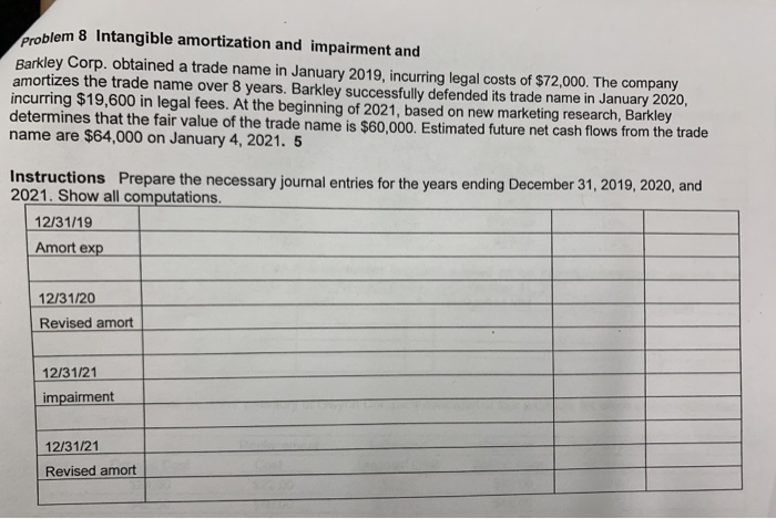  problem 8 Intangible amortization and impairment and Barkley Corp. obtained a