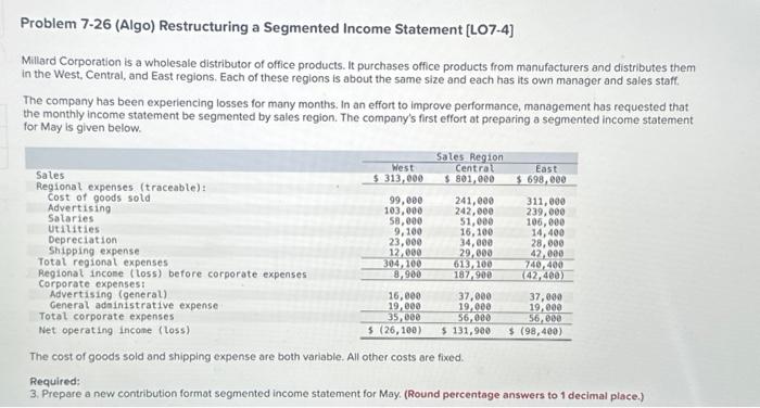  please help Problem 7-26 (Algo) Restructuring a Segmented Income Statement [LO7-4]