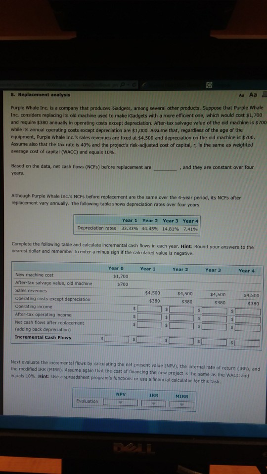 Please answer completely and correctly all questions thanks 8. Replacement analysis Purple