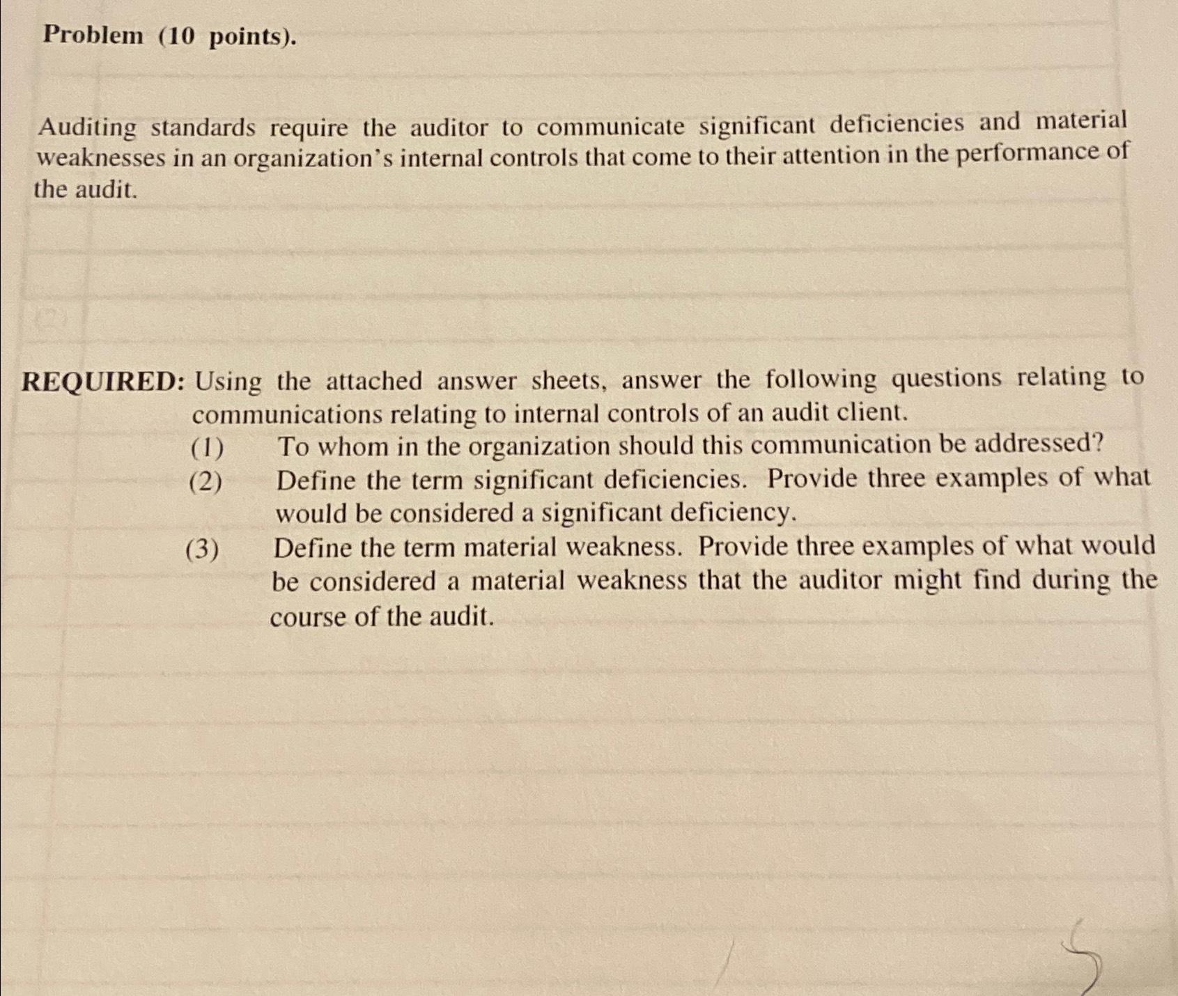  Problem (10 points). Auditing standards require the auditor to communicate significant