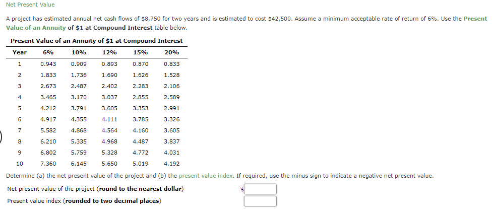  Net Present Value A project has estimated annual net cash flows