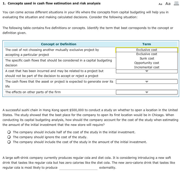  1. Concepts used in cash flow estimation and risk analysis Aa