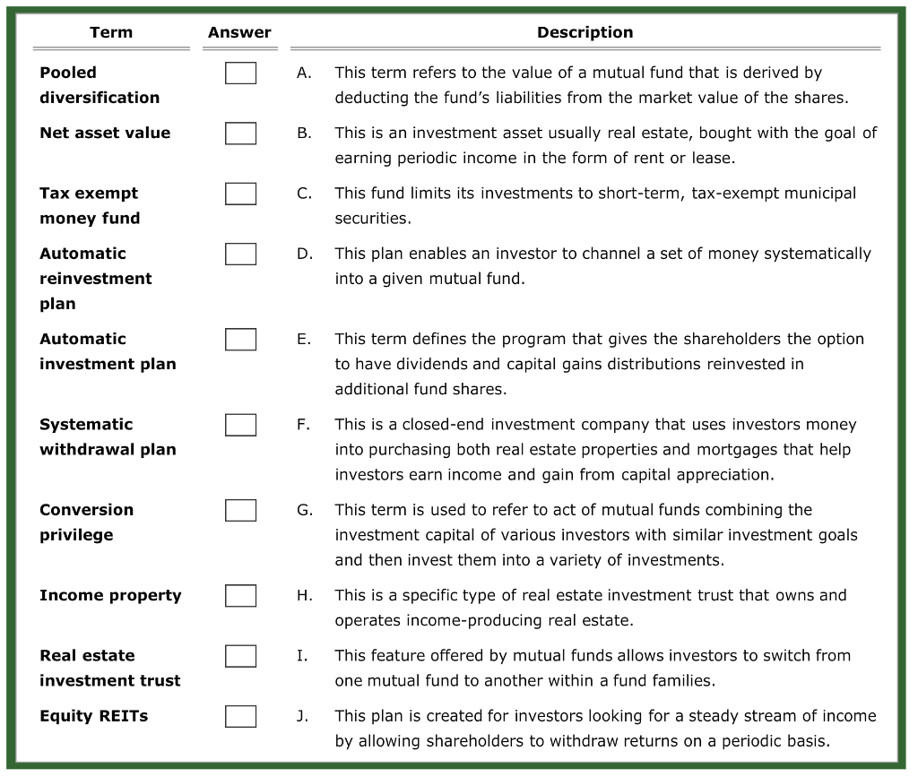 Term Answer Description A. Pooled diversification This term refers to the