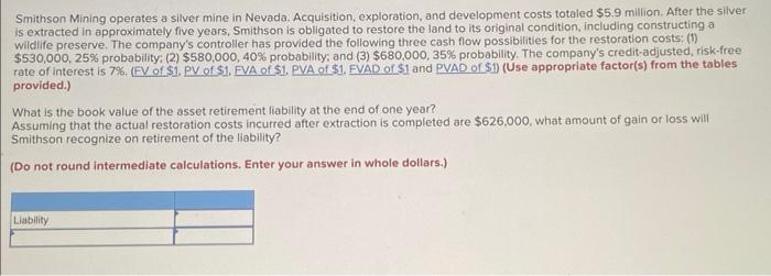  Smithson Mining operates a silver mine in Nevada. Acquisition, exploration, and