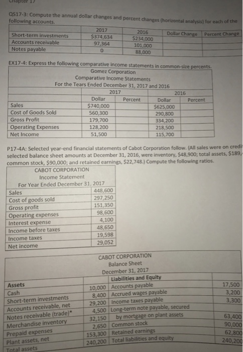  Qs17-3: Compute the annual dollar changes and percent changes (horizontal analysis)