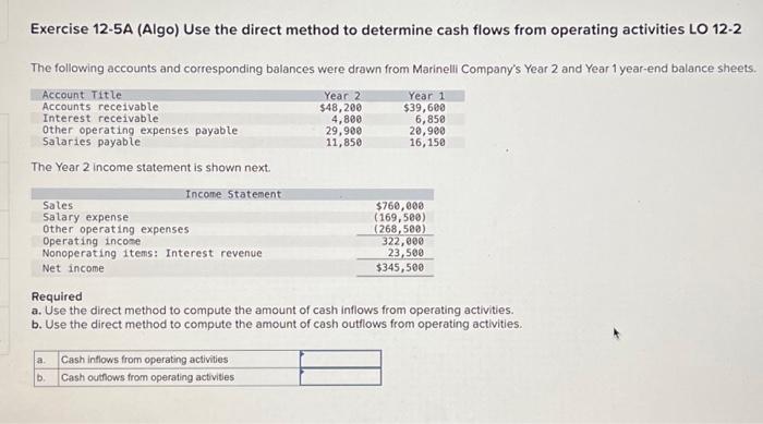  Exercise 12-5A (Algo) Use the direct method to determine cash flows