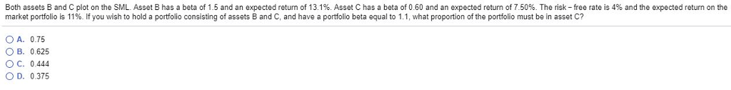 Both assets B and C plot on the SML. Asset B