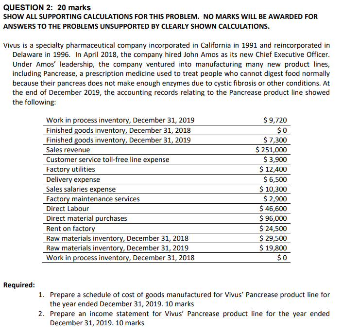  QUESTION 2: 20 marks SHOW ALL SUPPORTING CALCULATIONS FOR THIS PROBLEM.