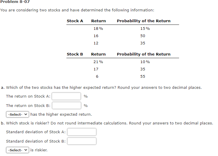  Problem 8-07 You are considering two stocks and have determined the