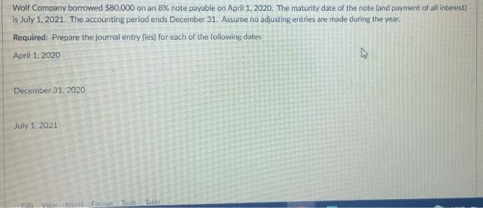 c Wolf Company borrowed $80.000 on an 8% note payable on April
