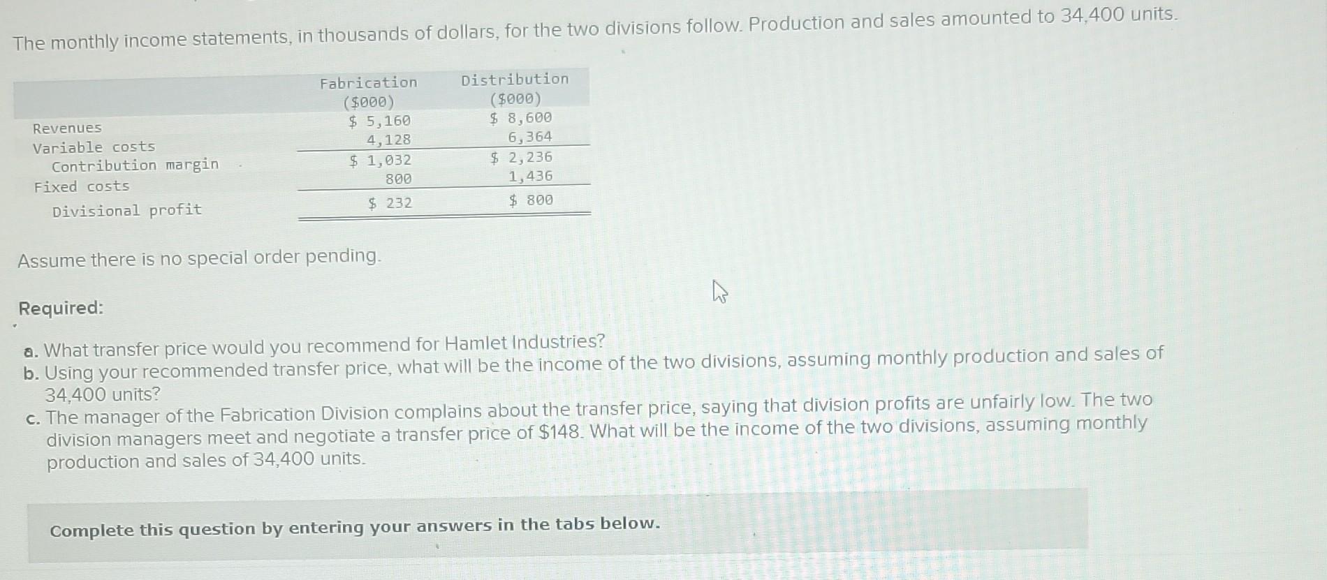 3) Hamlet Industries is organized into two divisions, Fabrication and Finishing. Both