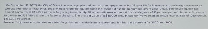 create a journal entry/entries On December 31, 2020, the Cify or Oliver