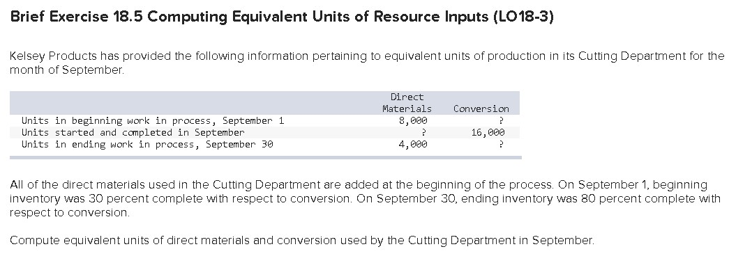  Brief Exercise 18.5 Computing Equivalent Units of Resource Inputs (LO18-3) Kelsey