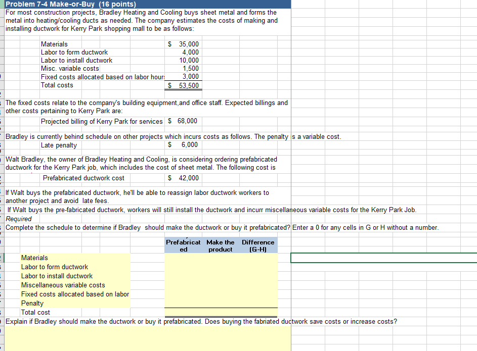  Problem 7-4 Make-or-Buy (16 points) For most construction projects, Bradley Heating