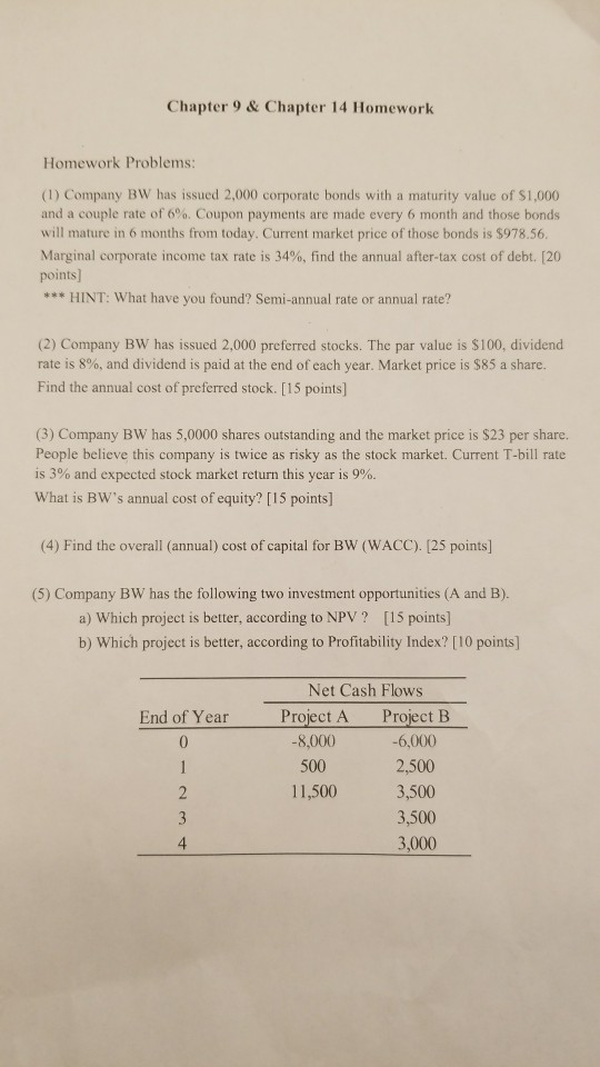 Chapter 9& Chapter 14 Homework Homework Problems: (1) Company BW has
