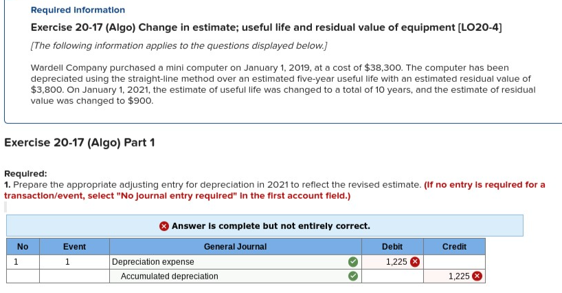  Required information Exercise 20-17 (Algo) Change in estimate; useful life and