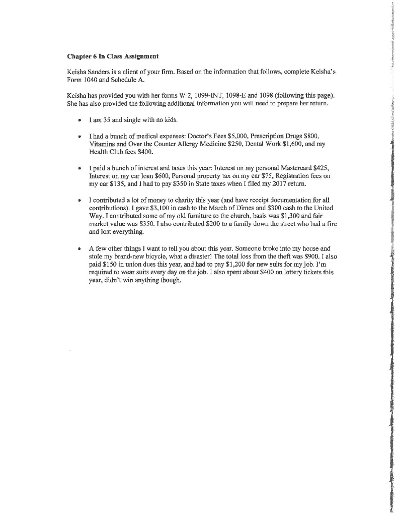  Chapter 6 In Class Assignment Keisha Sanders is a client of