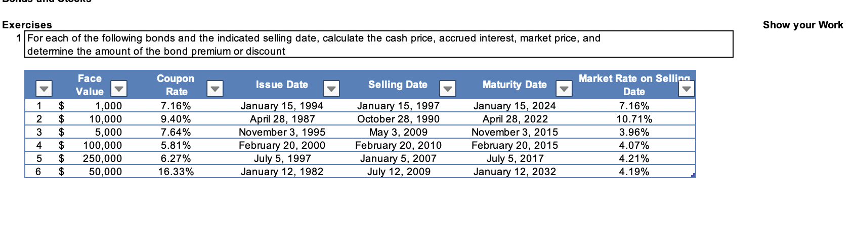 Solve in excel and show formulas Show your Work Show your Work
