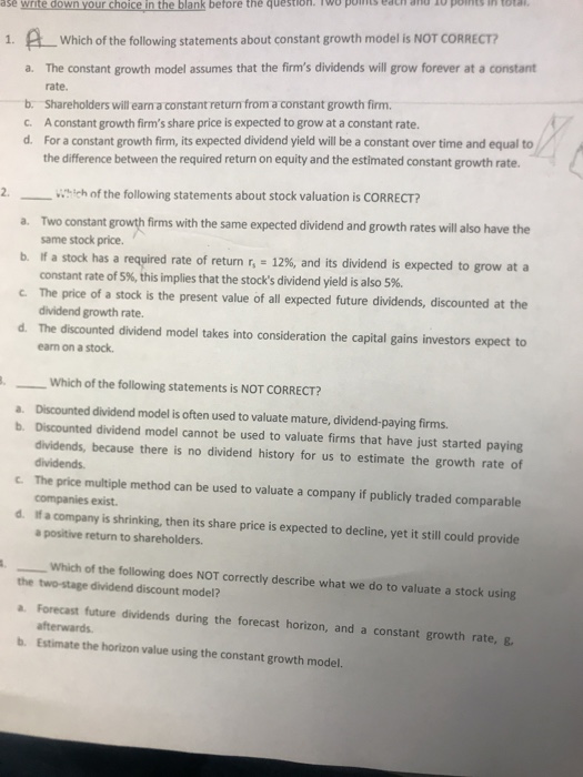  ponts in t ase write down your choice in the blank