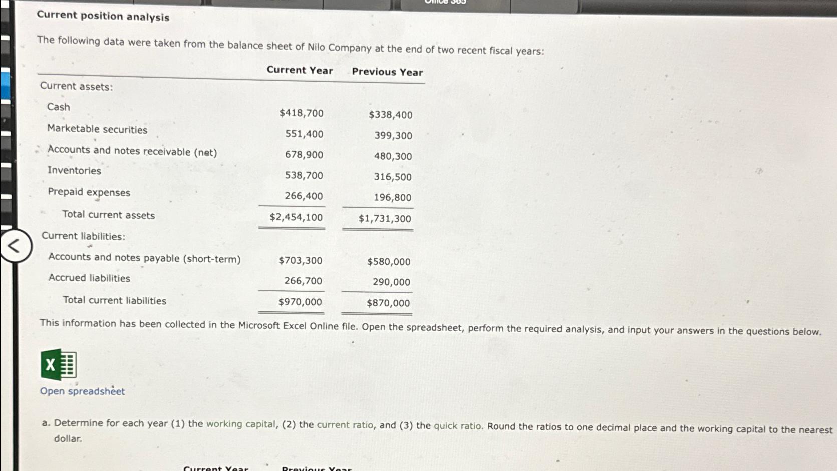  Current position analysis The following data were taken from the balance