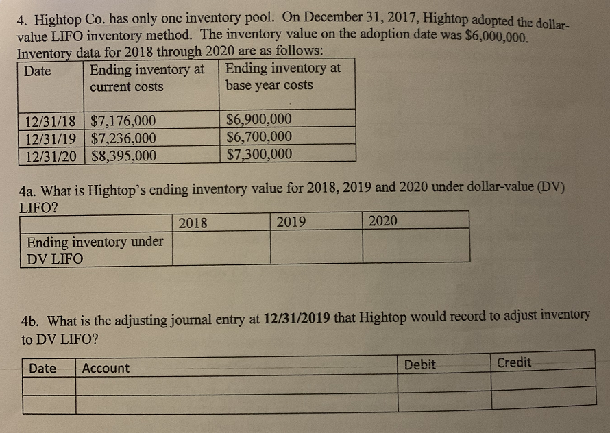 Please show work 4. Hightop Co. has only one inventory pool. On