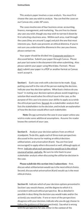  Instructions This analysis paper involves a case analysis. You must first