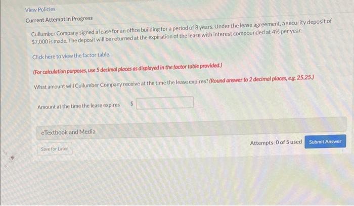  Current Attempt in Progress Cullumber Company signed a lease for an
