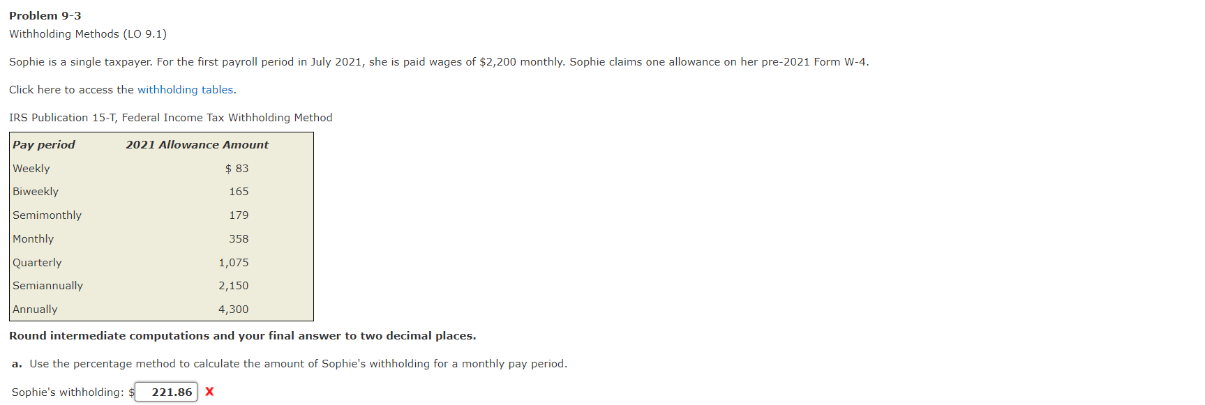  Problem 9-3 Withholding Methods (LO 9.1) Sophie is a single taxpayer.
