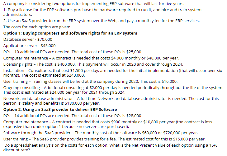  A company is considering two options for implementing ERP software that