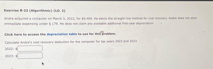  Exercise 8-22 (Algorithmic) (LO. 2) Andre acquired a computer on March