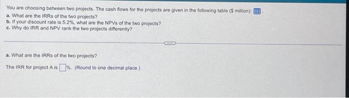  You are choosing between two projects. The cash flows for the