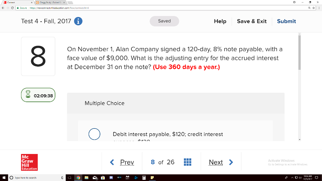  Connect CSecure httpnewconnectmheducstion.com/fow/connect.htm Test 4 - Fall, 2017 Help Save &