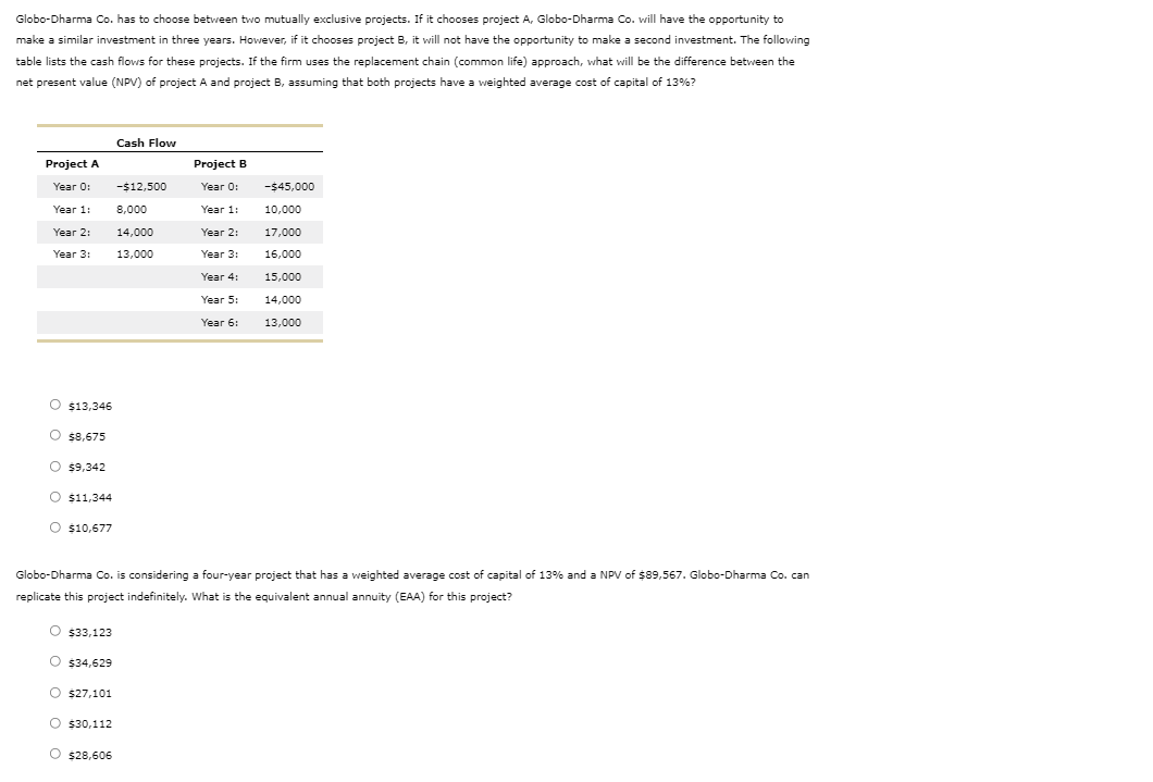  Globo-Dharma Co. has to choose between two mutually exclusive projects. If