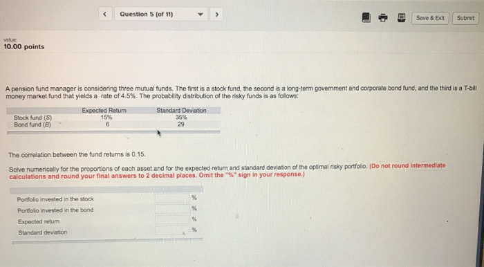  Question 5 (of 11) save & Exit Submit value 10.00 points