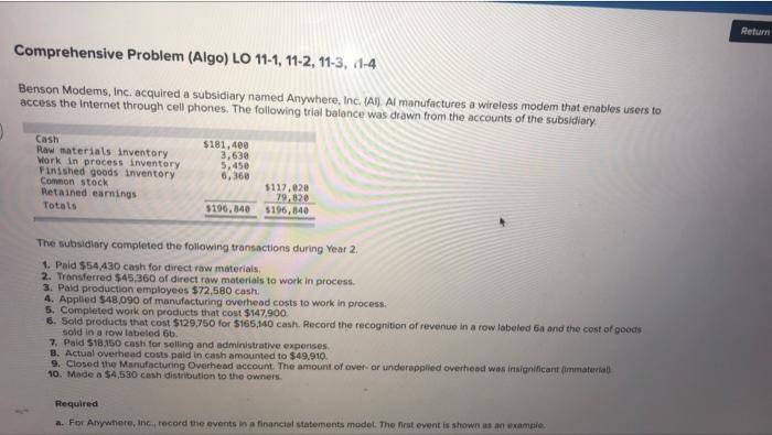  Return Comprehensive Problem (Algo) LO 11-1, 11-2, 11-3, 1-4 Benson Modems,