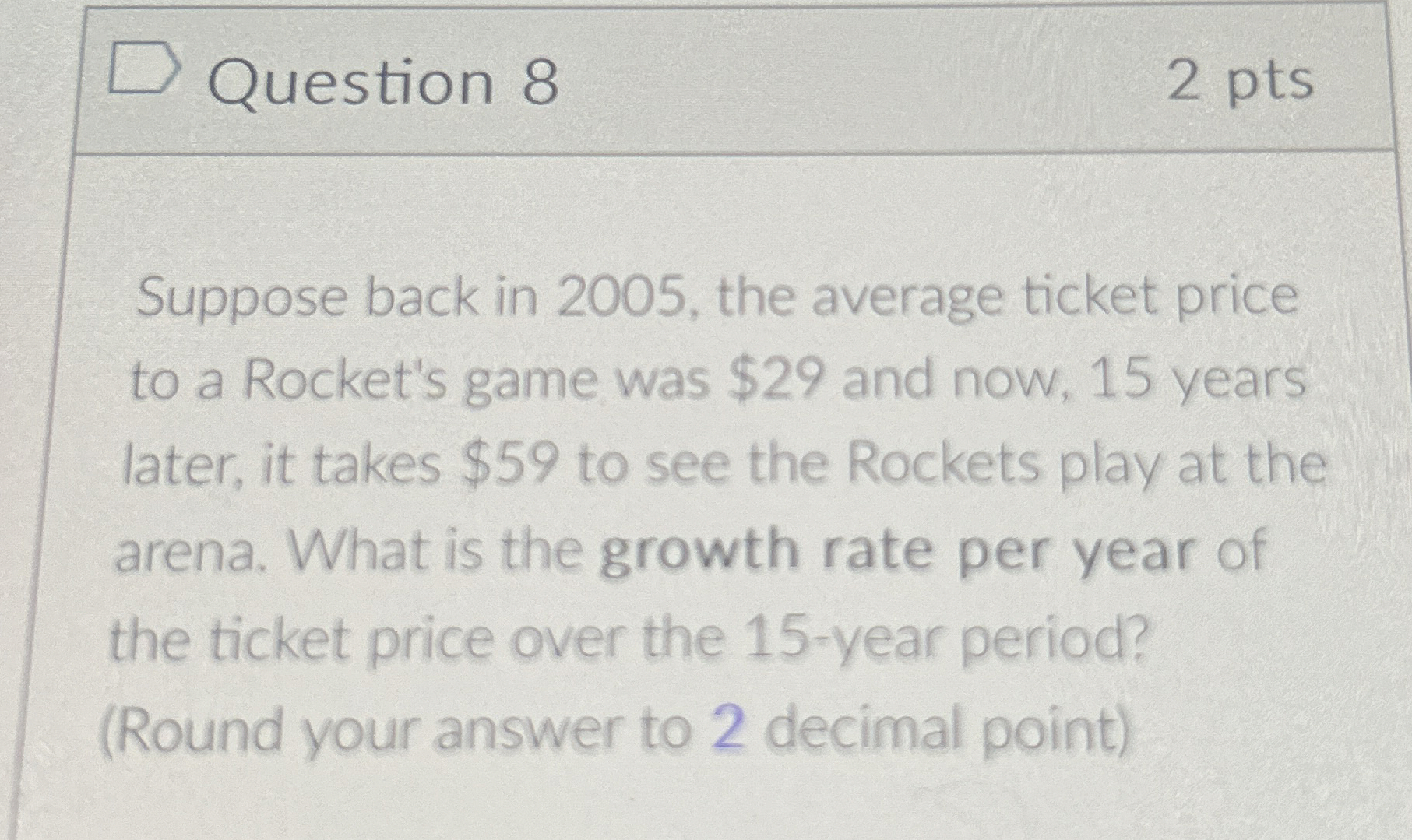  Question 8 2 pts Suppose back in 2005, the average ticket