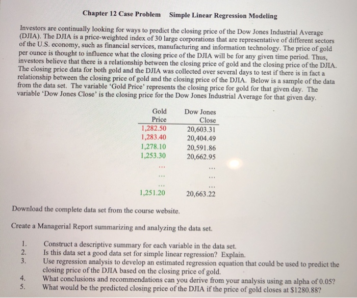  Chapter 12 Case Problem Simple Linear Regression Modeling Investors are continually