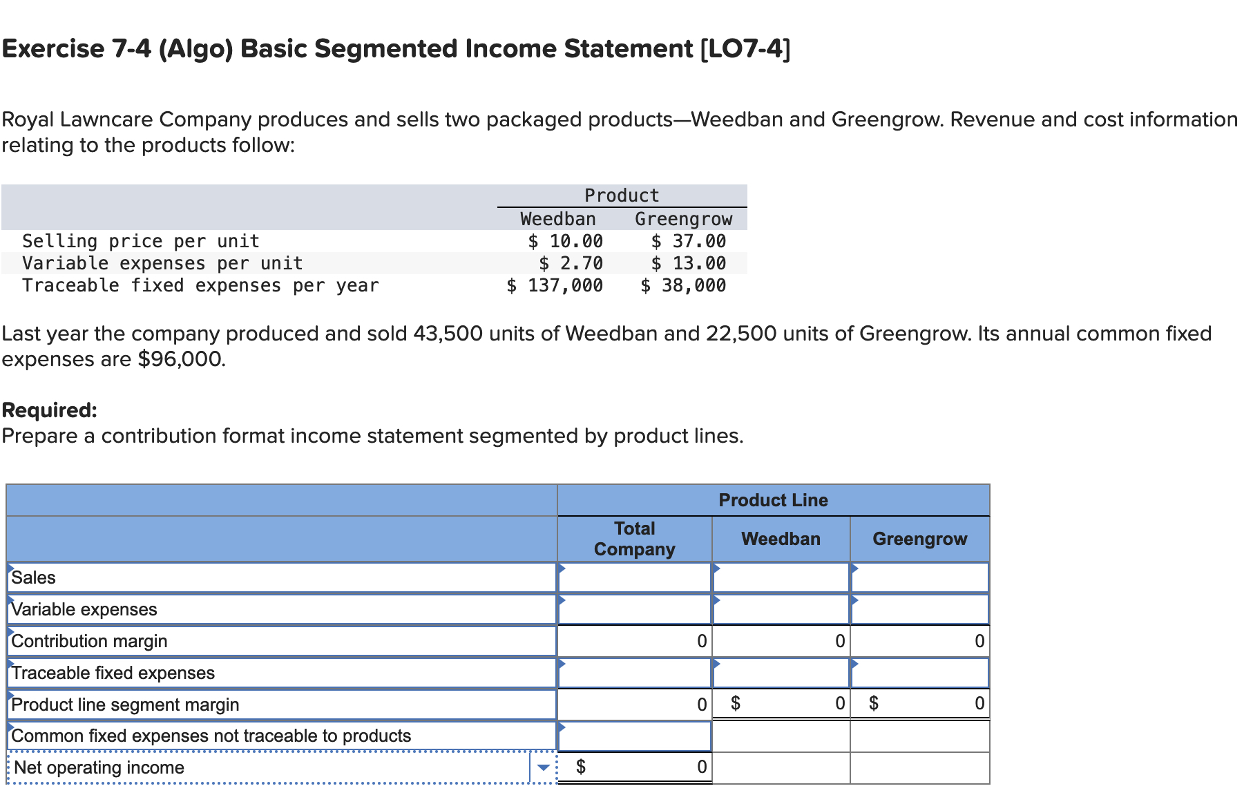  Exercise 7-4(Algo) Basic Segmented Income Statement [L07-4] Royal Lawncare Company produces