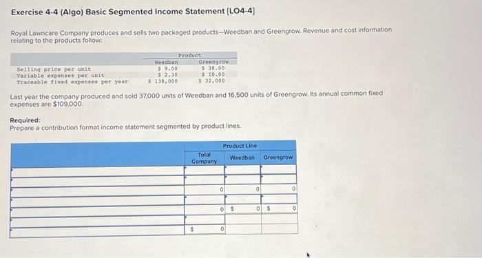  Exercise 4.4 (Algo) Basic Segmented Income Statement [LO4-4] Royal Lawncare Company