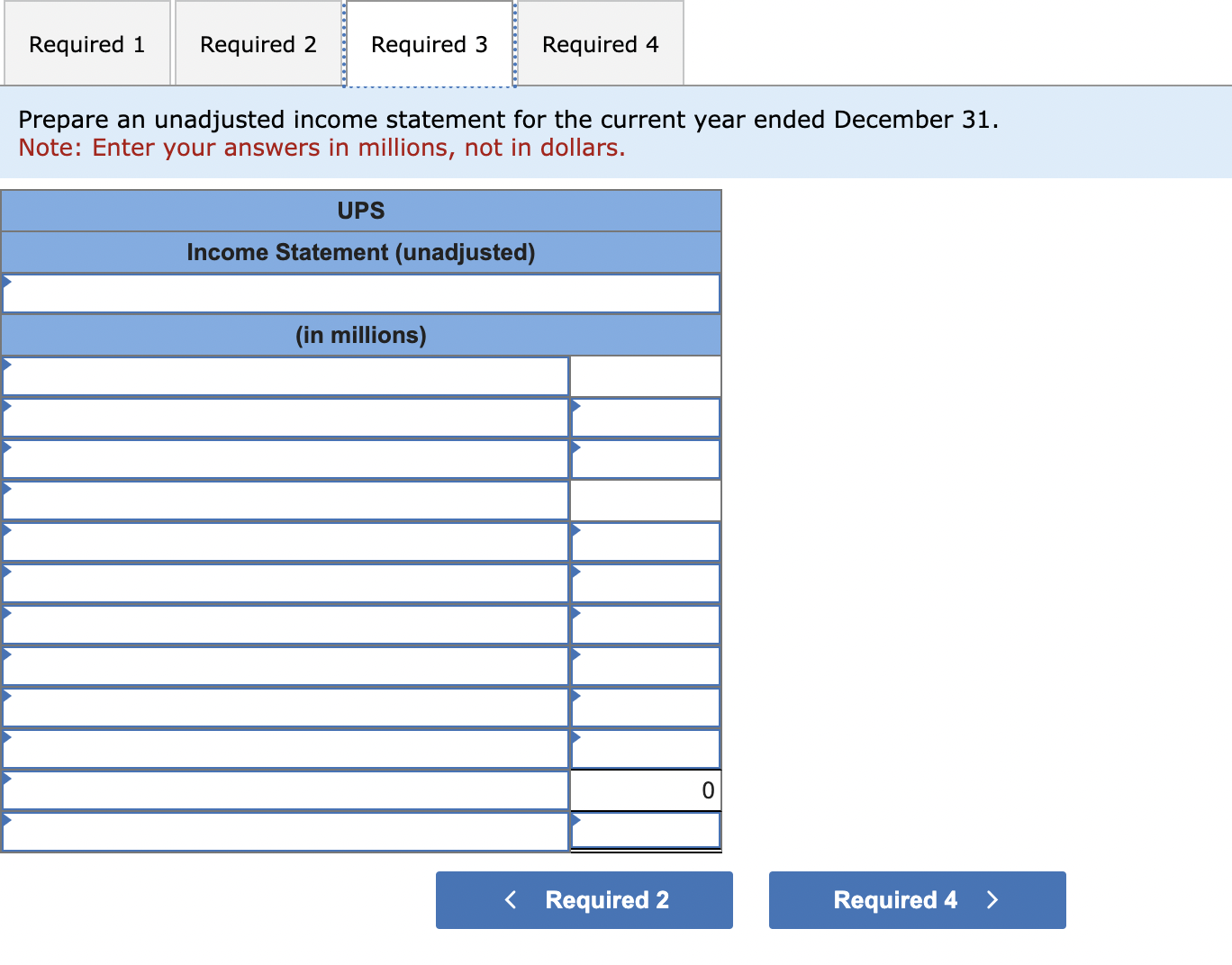 account balances (in millions of dollars) from a recent UPS annual report,