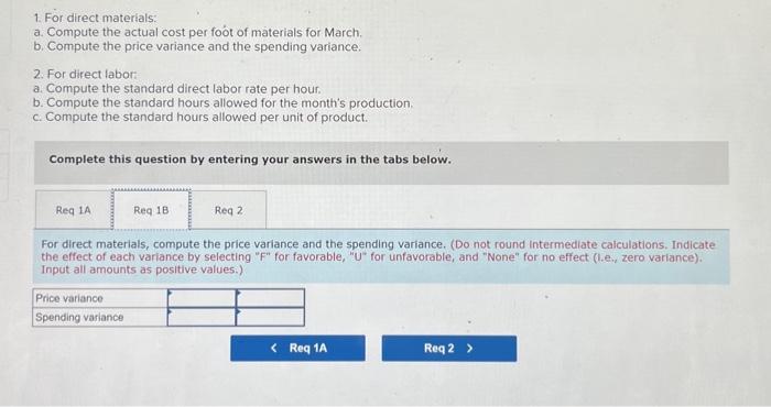 following standards have been set: During March, the company purchased direct materials