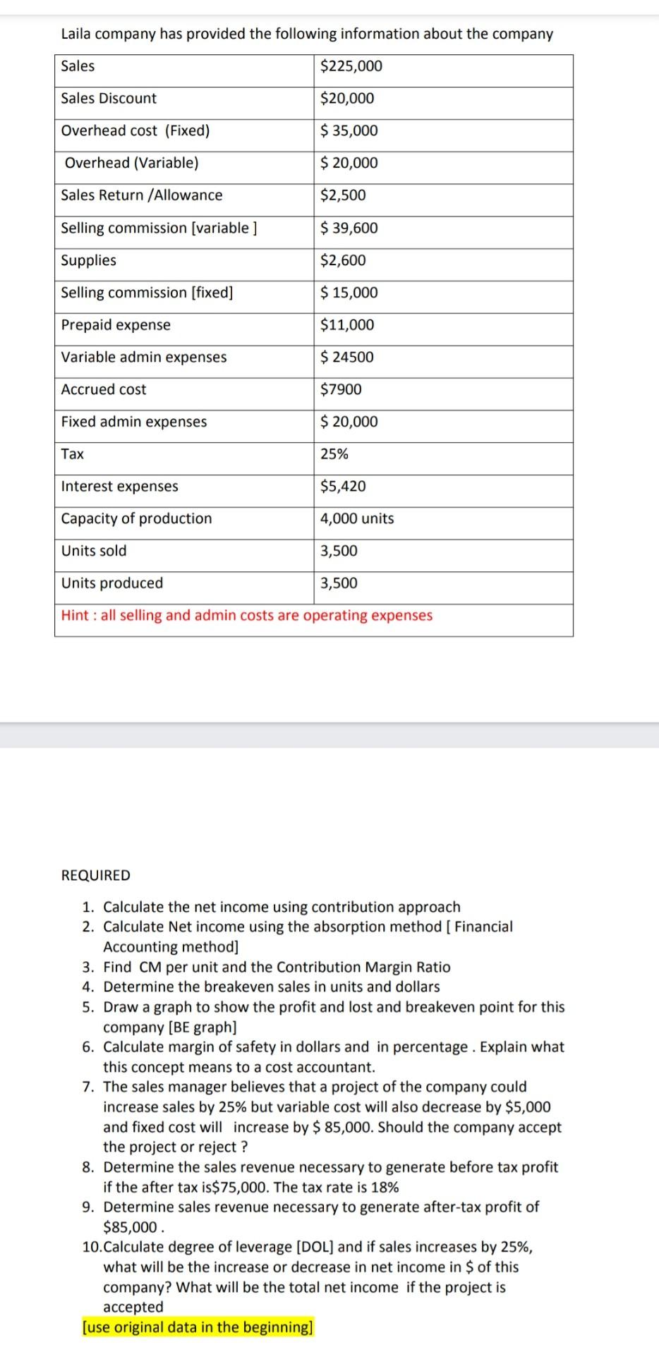 $20,000 Overhead cost (Fixed) $ 35,000 Overhead (Variable) $ 20,000 Sales Return