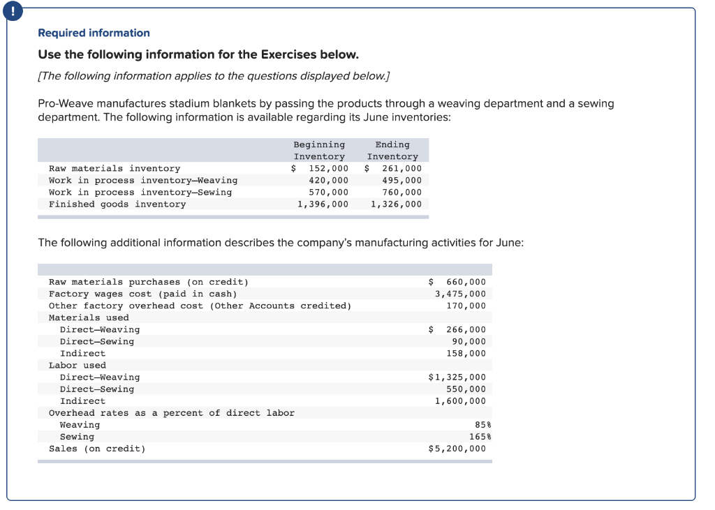  Required information Use the following information for the Exercises below. (The