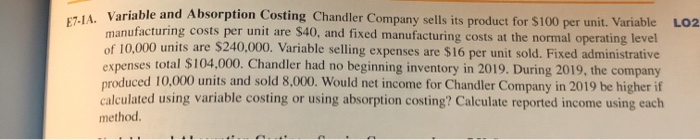 show all work please 87.1A. Variable and Absorption Costing Chandler Company sells
