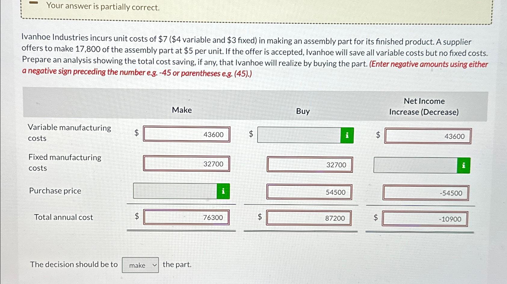  Your answer is partially correct. Ivanhoe Industries incurs unit costs of