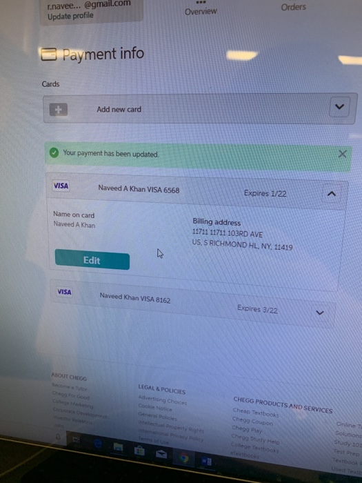  Lnavee...@gmail.com Update profile Overview Orders Payment info Cards Add new card