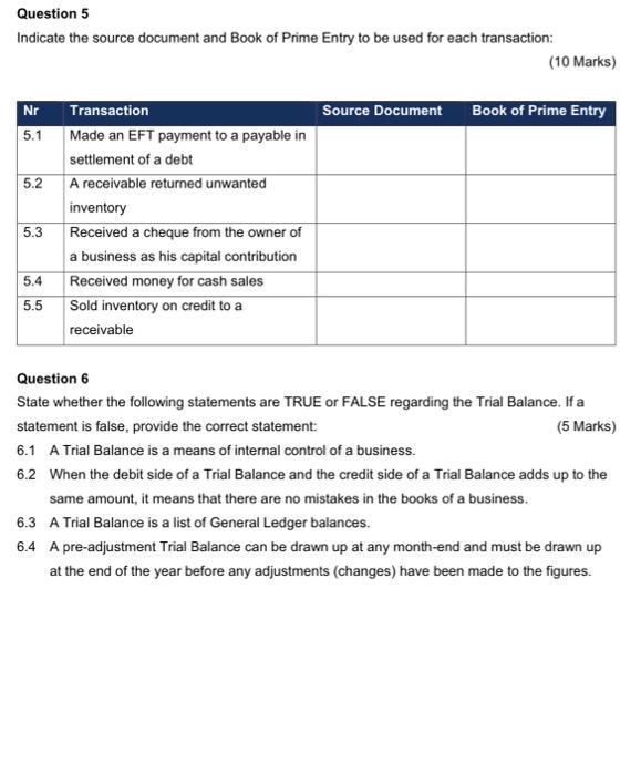  Question 5 Indicate the source document and Book of Prime Entry