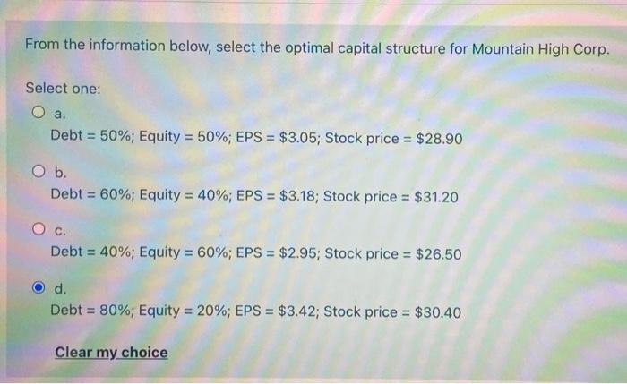  From the information below, select the optimal capital structure for Mountain