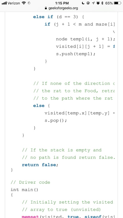 to solve Rat in a maze // problem with backtracking using stack