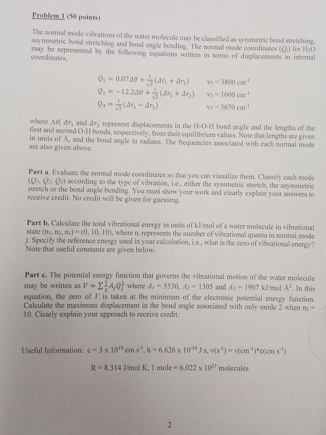  Problem 1(50 points) The normal mode vibrations of the water molecule
